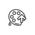 Black and white icon of a paint palette with an arrow on a white background
