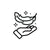 Black line icon of a hand holding a feather on a white background