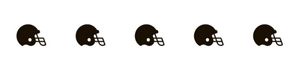 Five black football helmets arranged in a row on a white background