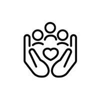 Outline of two hands holding a heart with people inside on a white background